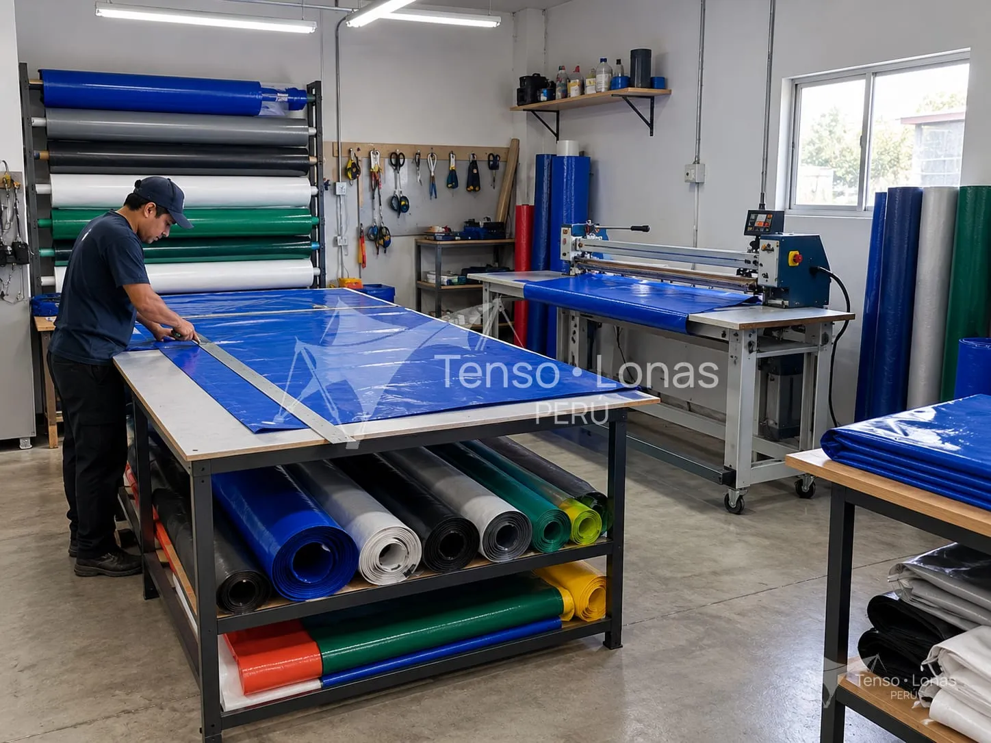 Operario cortando lona PVC sobre la mesa de trabajo, junto a la máquina de termosellado y los rollos de material